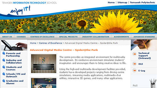 Screenshot of a page about Spider@the Park, in the Centre of Excellence section of the Temasek Information Technology School website.